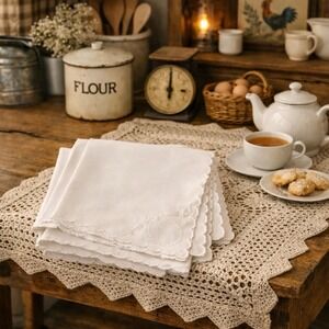 Vintage Linen Napkins Set of 6 White Embroidered Madeira 12x12 Scallop Edge